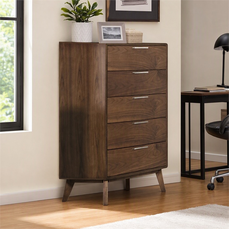 Pemberly Row Soria Modern Walnut Wood Bedroom Chest with 5 Drawers