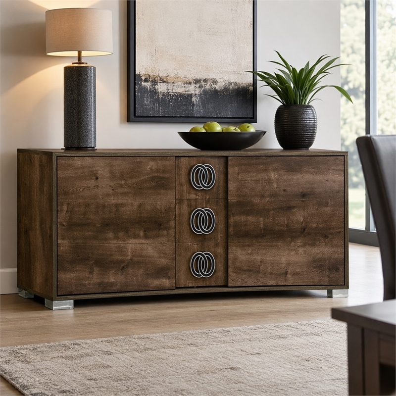 Pemberly Row 3-Drawer Modern Wood Dresser with Chrome Handles in Brown