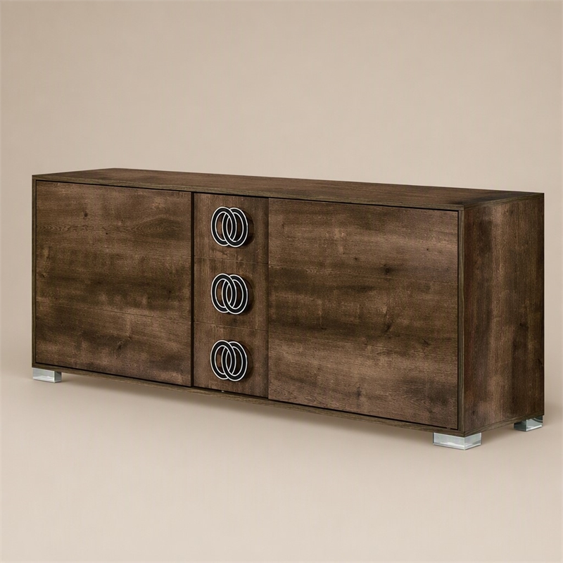 Pemberly Row 3-Drawer Modern Wood Dresser with Chrome Handles in Brown