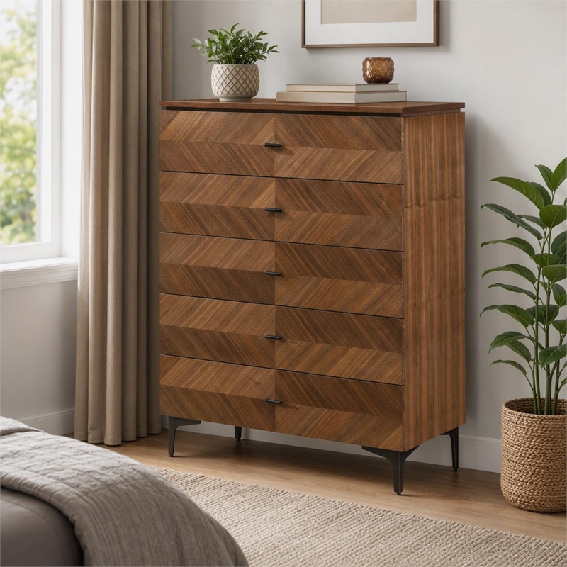 Pemberly Row Veneer Wood Bedroom Chest with 5 Drawers in Walnut/Black