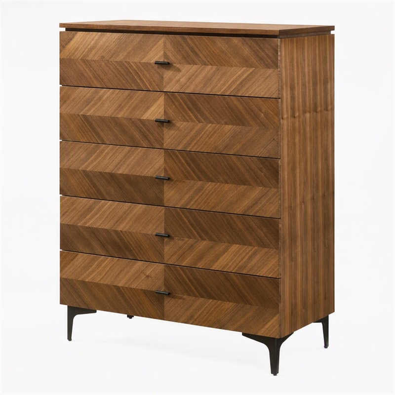 Pemberly Row Veneer Wood Bedroom Chest with 5 Drawers in Walnut/Black
