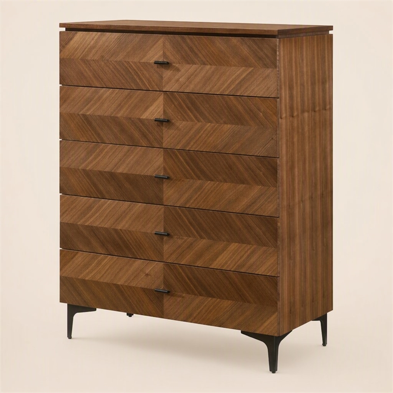Pemberly Row Veneer Wood Bedroom Chest with 5 Drawers in Walnut/Black