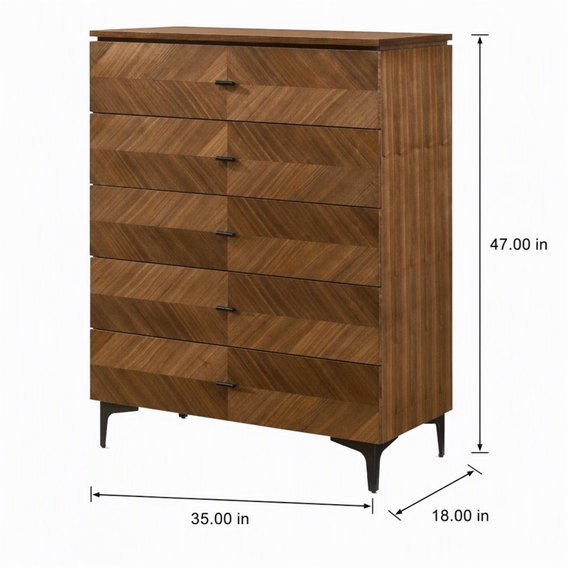 Pemberly Row Veneer Wood Bedroom Chest with 5 Drawers in Walnut/Black