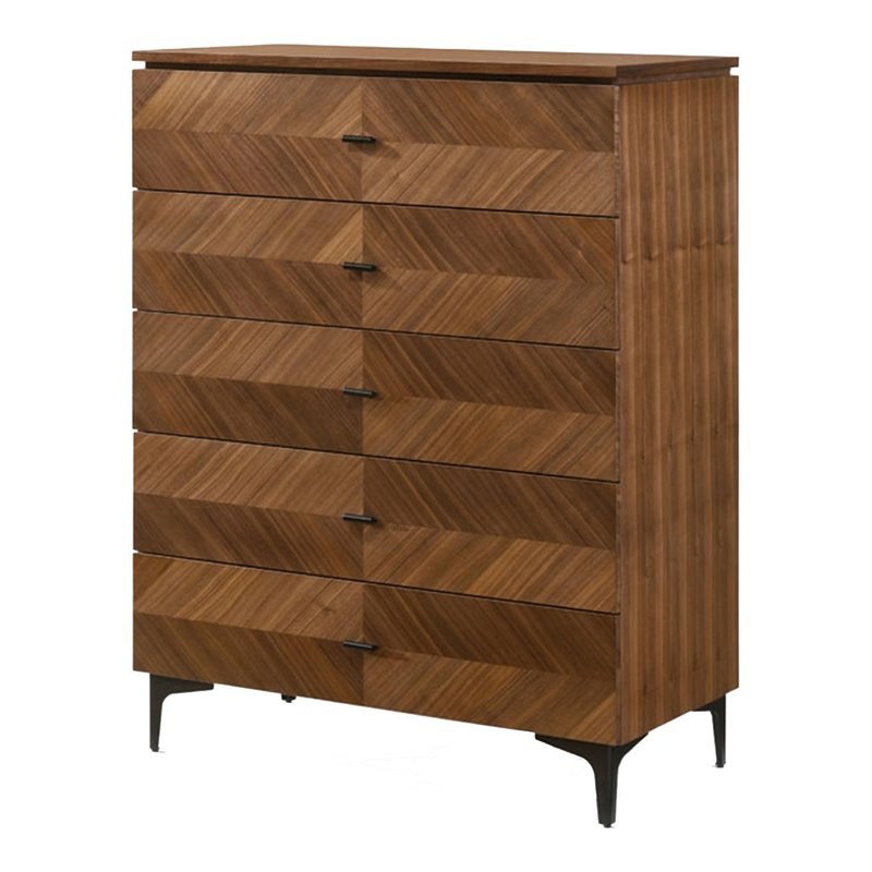 Pemberly Row Veneer Wood Bedroom Chest with 5 Drawers in Walnut/Black