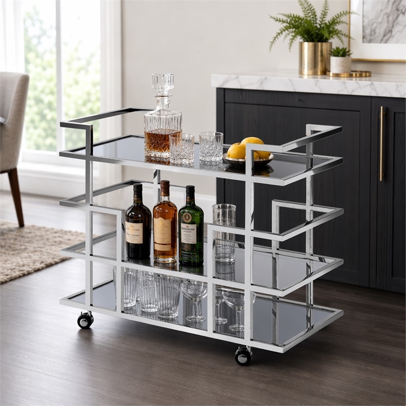 Pemberly Row Stainless Steel & Glass Bar Cart in Polished Silver