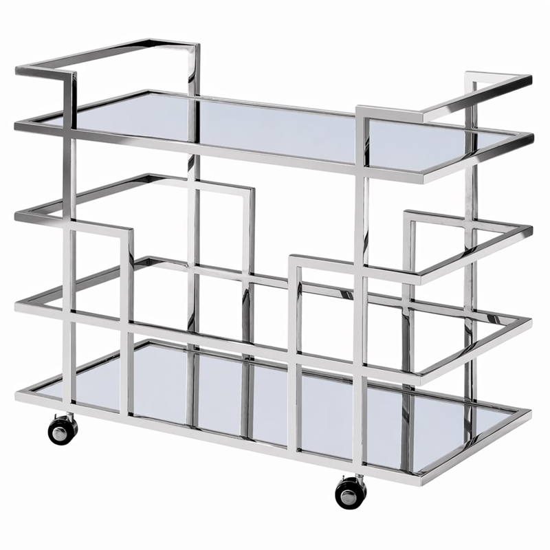 Pemberly Row Stainless Steel & Glass Bar Cart in Polished Silver