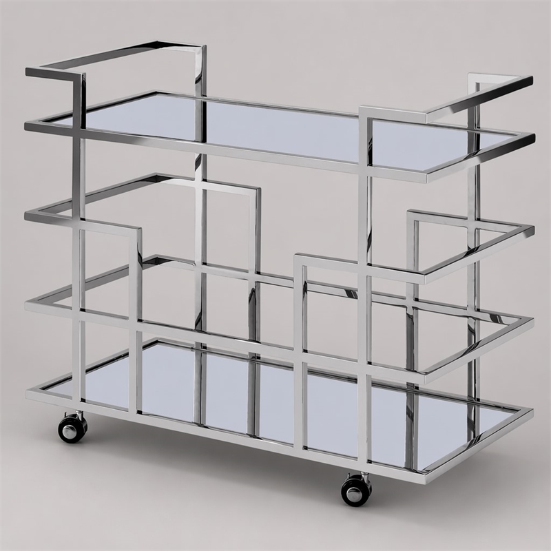 Pemberly Row Stainless Steel & Glass Bar Cart in Polished Silver