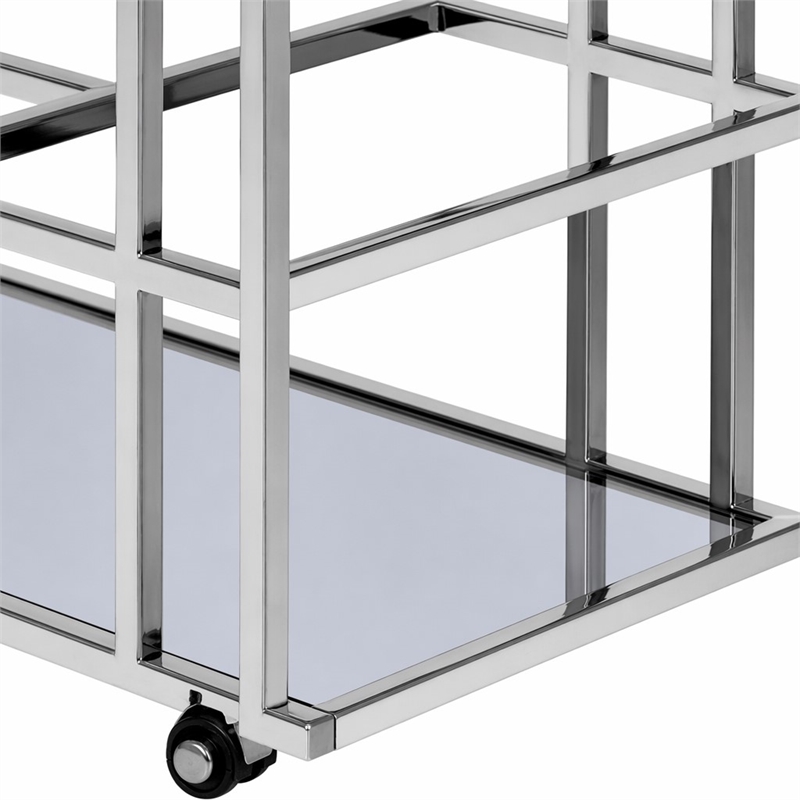 Pemberly Row Stainless Steel & Glass Bar Cart in Polished Silver