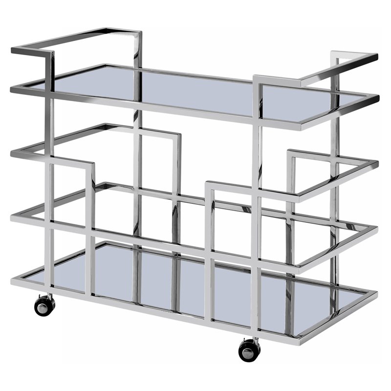 Pemberly Row Stainless Steel & Glass Bar Cart in Polished Silver