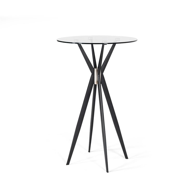 Pemberly Row Round Tempered Glass & Metal Bar Table in Black