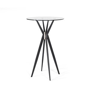 Pemberly Row Round Tempered Glass & Metal Bar Table in Black