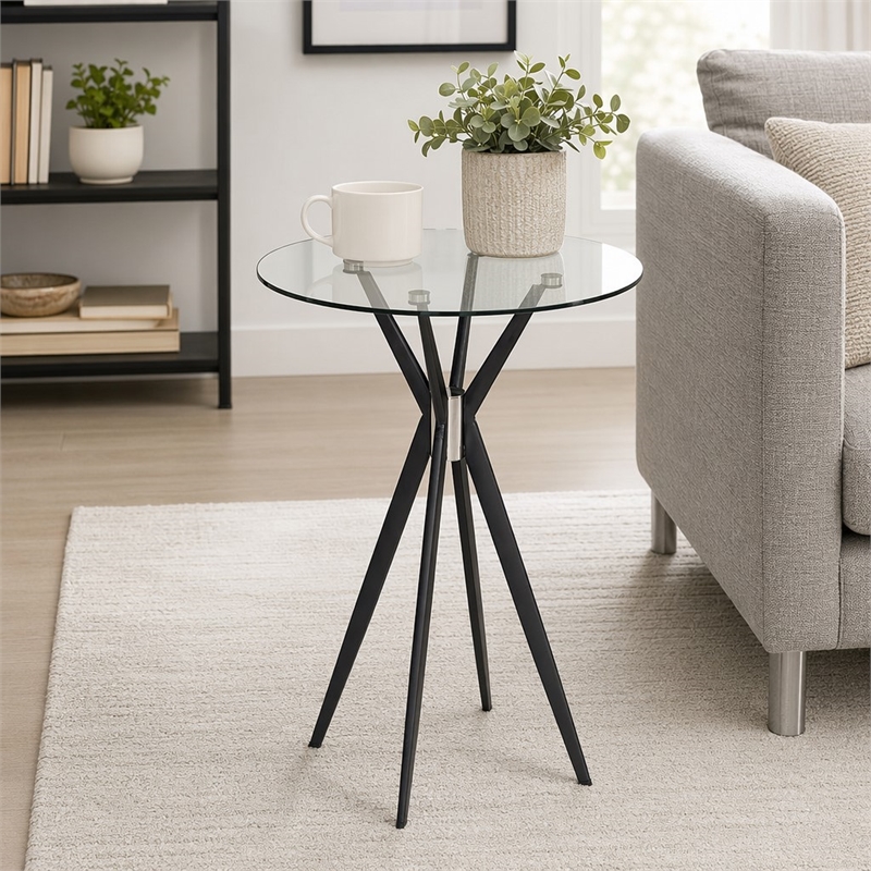 Pemberly Row Round Tempered Glass & Metal Bar Table in Black