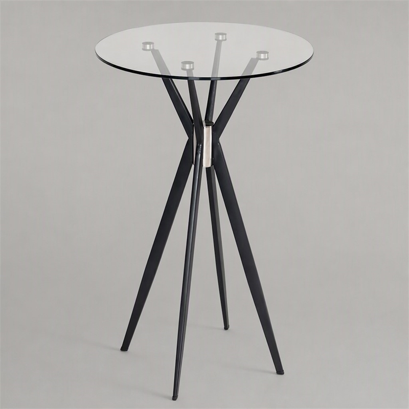 Pemberly Row Round Tempered Glass & Metal Bar Table in Black