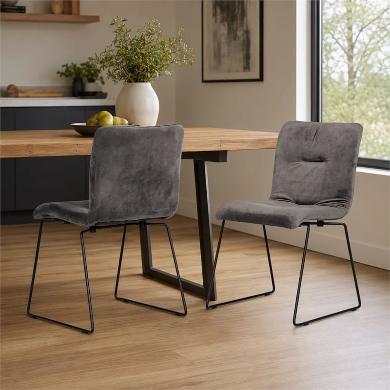 Pemberly Row Fabric Dining Chairs in Dark Gray and Black Metal (Set of 2)