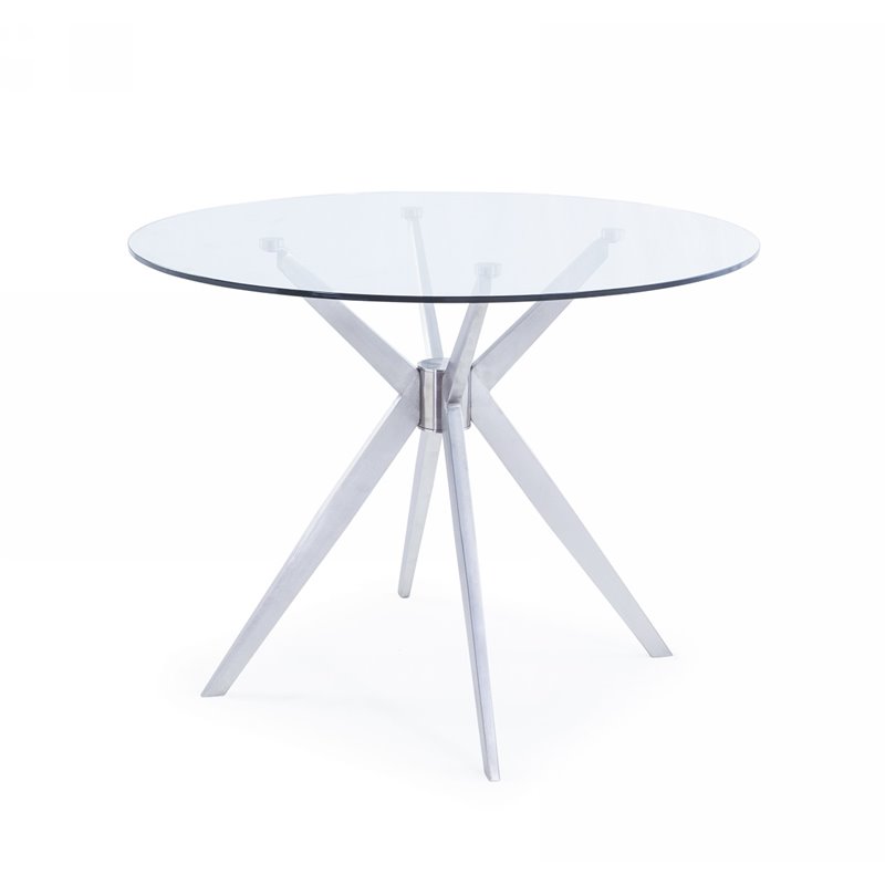 Pemberly Row Round Glass Dining Table with Brushed Stainless Steel Base