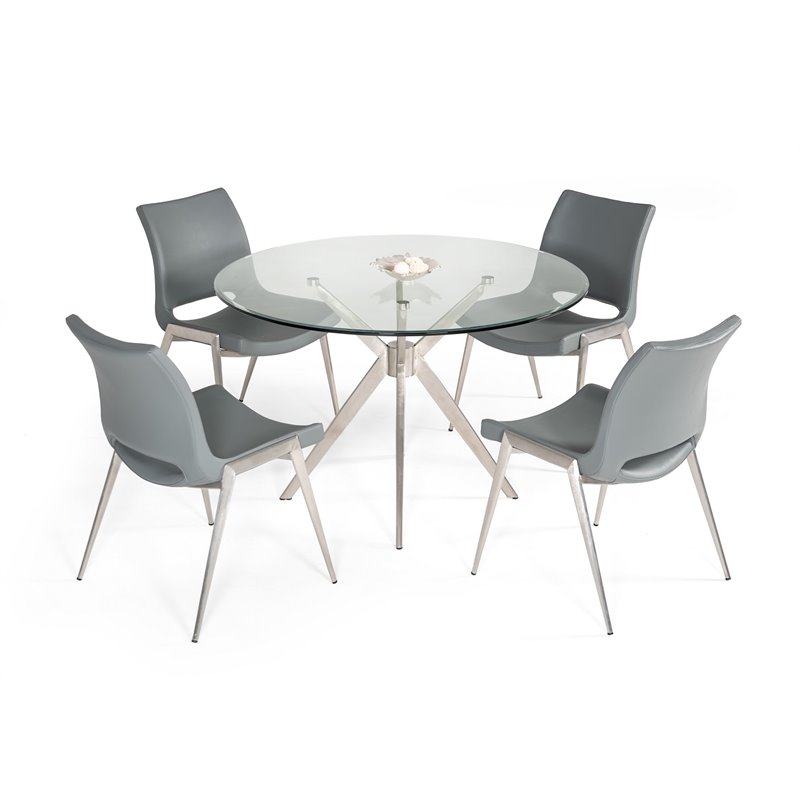 Pemberly Row Round Glass Dining Table with Brushed Stainless Steel Base