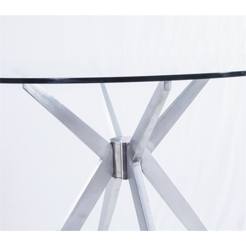 Pemberly Row Round Glass Dining Table with Brushed Stainless Steel Base