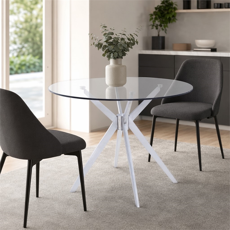 Pemberly Row Round Glass Dining Table with Brushed Stainless Steel Base