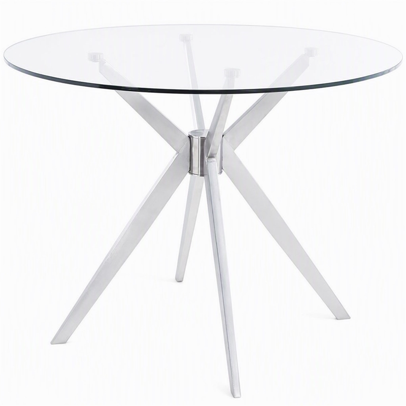 Pemberly Row Round Glass Dining Table with Brushed Stainless Steel Base