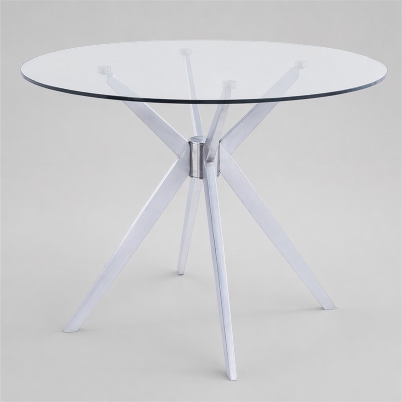 Pemberly Row Round Glass Dining Table with Brushed Stainless Steel Base