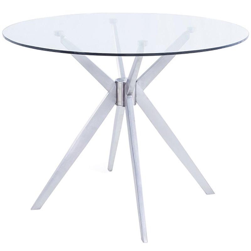 Pemberly Row Round Glass Dining Table with Brushed Stainless Steel Base