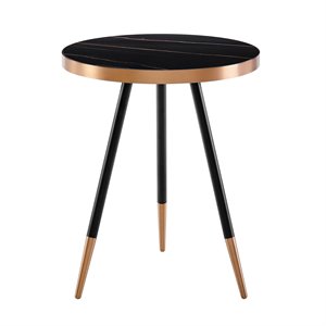Pemberly Row Round Black Ceramic End Table with Rose Gold Trim