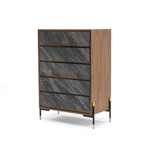 Pemberly Row Mid-Century Engineered Wood 5-Drawer Chest in Walnut and Gray