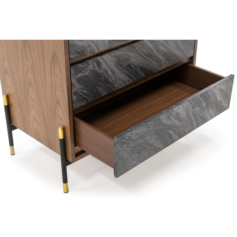 Pemberly Row Mid-Century Engineered Wood 5-Drawer Chest in Walnut and Gray