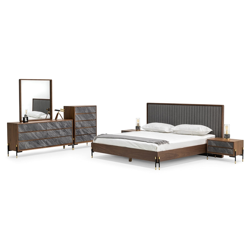 Pemberly Row Mid-Century Engineered Wood 5-Drawer Chest in Walnut and Gray