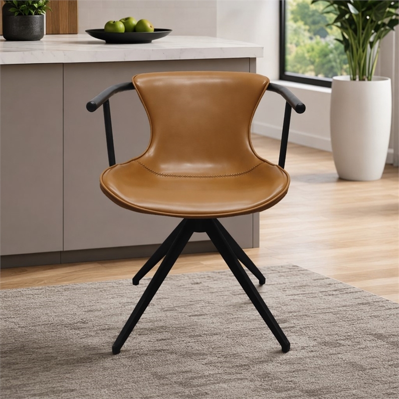 Pemberly Row Faux Leather Swivel Dining Chair with Metal Frame in Camel