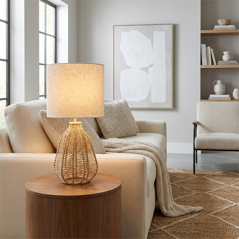 Pemberly Row Paper Rope Table Lamp with Beige Linen Shade