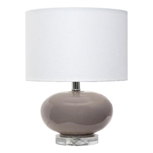 Pemberly Row Glossy Glass Round Table Lamp with Fabric Drum Shade