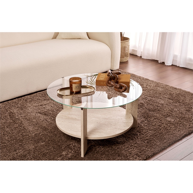 Pemberly Row Clara Coffee Table with Glass Top in Travertine Melamine