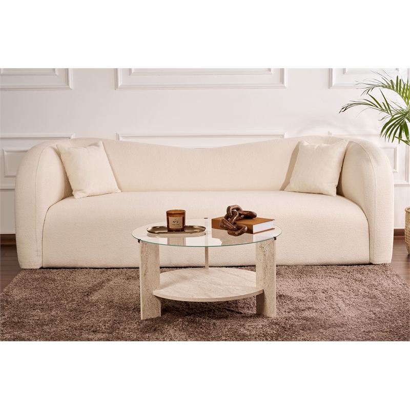 Pemberly Row Clara Coffee Table with Glass Top in Travertine Melamine