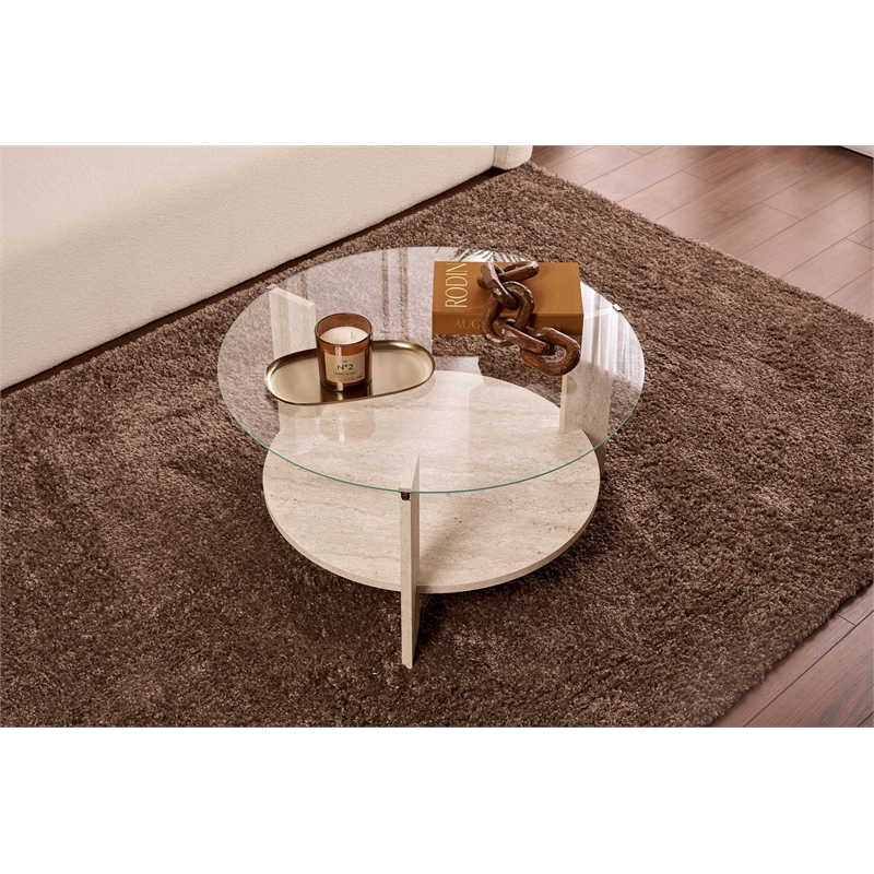 Pemberly Row Clara Coffee Table with Glass Top in Travertine Melamine