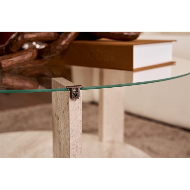 Pemberly Row Clara Coffee Table with Glass Top in Travertine Melamine