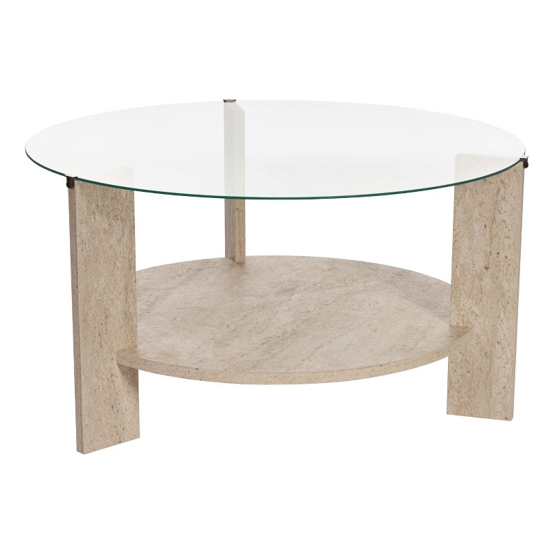 Pemberly Row Clara Coffee Table with Glass Top in Travertine Melamine