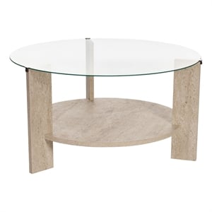 Pemberly Row Clara Coffee Table with Glass Top in Travertine Melamine