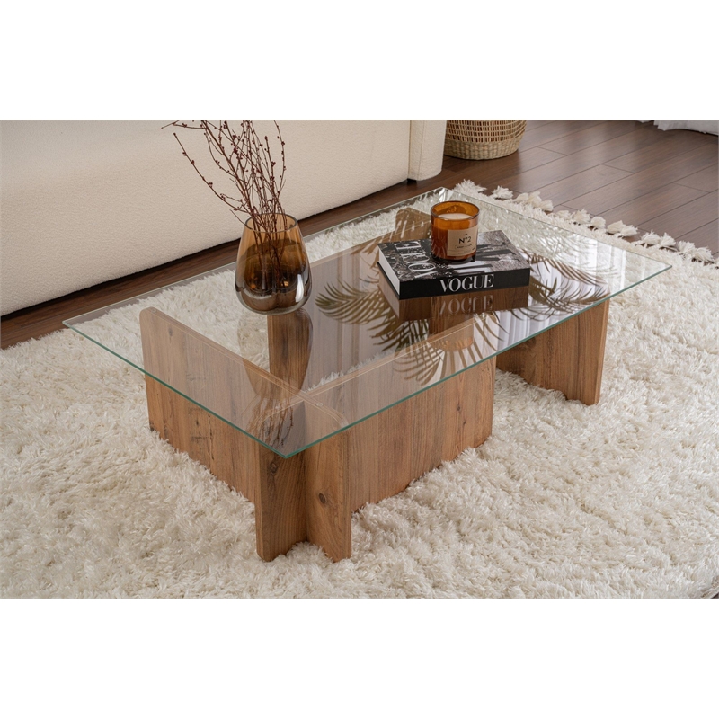 Pemberly Row Flavio Coffee Table with Tempered Glass Top in Atlantic Pine