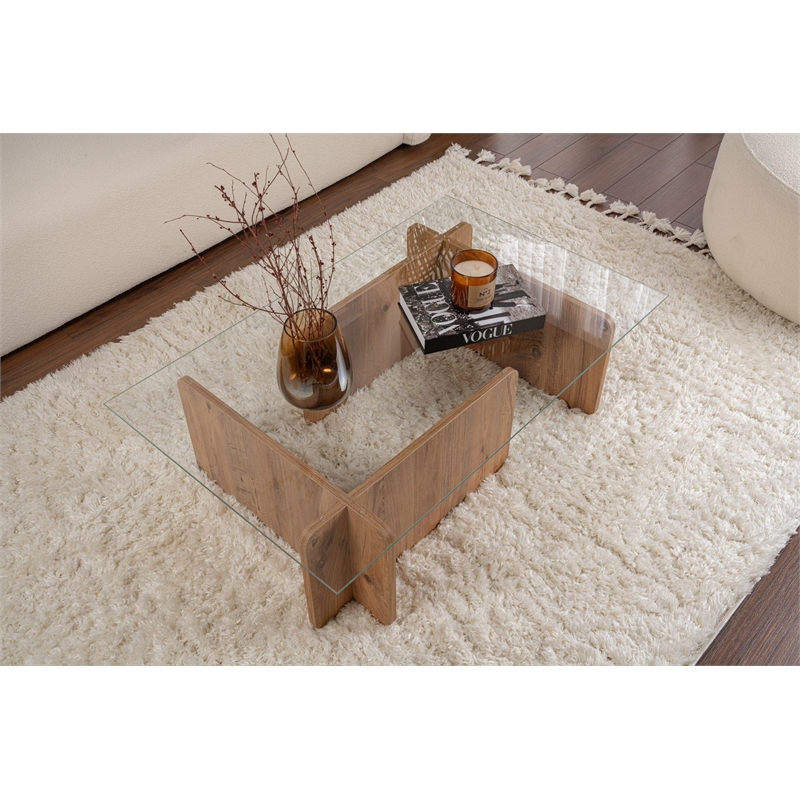 Pemberly Row Flavio Coffee Table with Tempered Glass Top in Atlantic Pine
