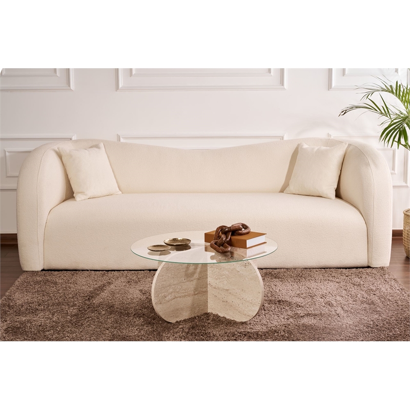 Pemberly Row Aeris Coffee Table with Transparent Glass Top and Travertine Base