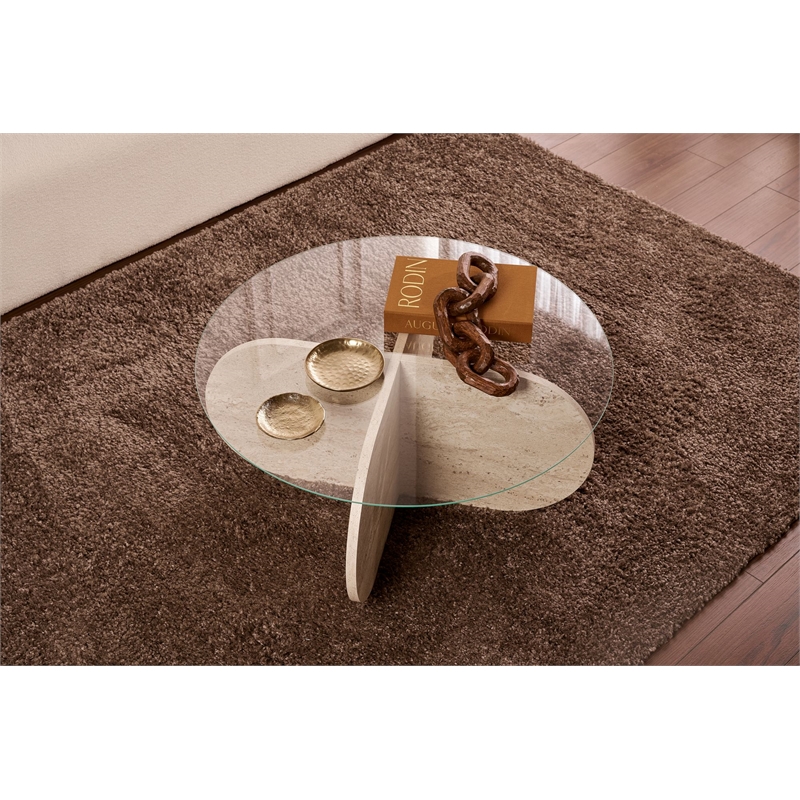 Pemberly Row Aeris Coffee Table with Transparent Glass Top and Travertine Base