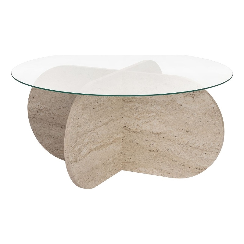 Pemberly Row Aeris Coffee Table with Transparent Glass Top and Travertine Base