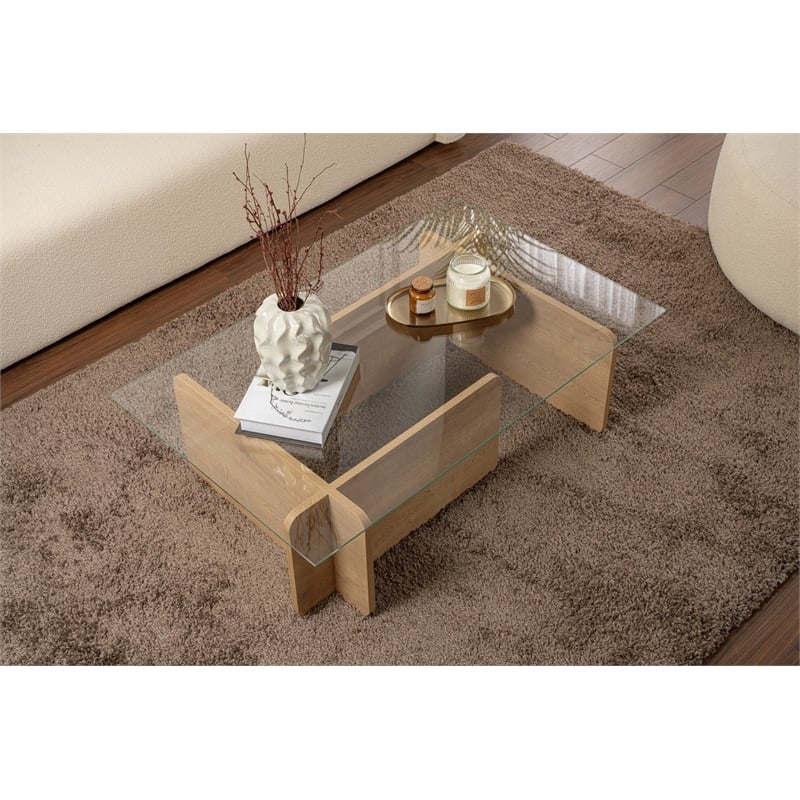 Pemberly Row Oak Coffee Table with Tempered Glass Top and Particle Board Frame