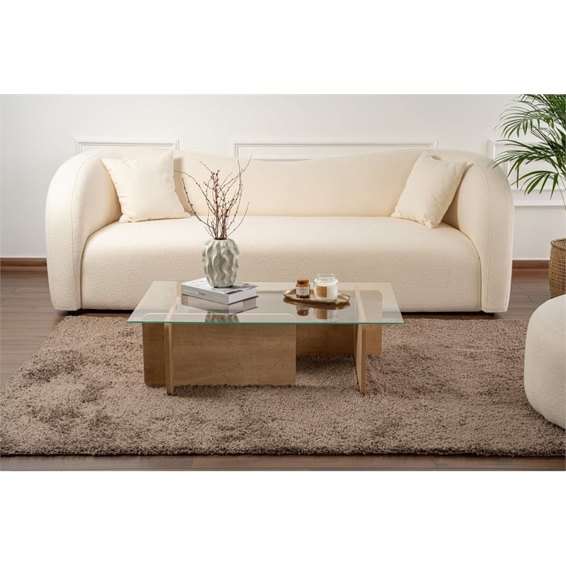 Pemberly Row Oak Coffee Table with Tempered Glass Top and Particle Board Frame
