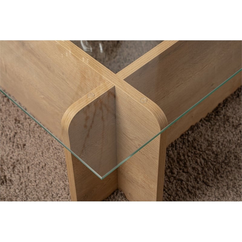 Pemberly Row Oak Coffee Table with Tempered Glass Top and Particle Board Frame