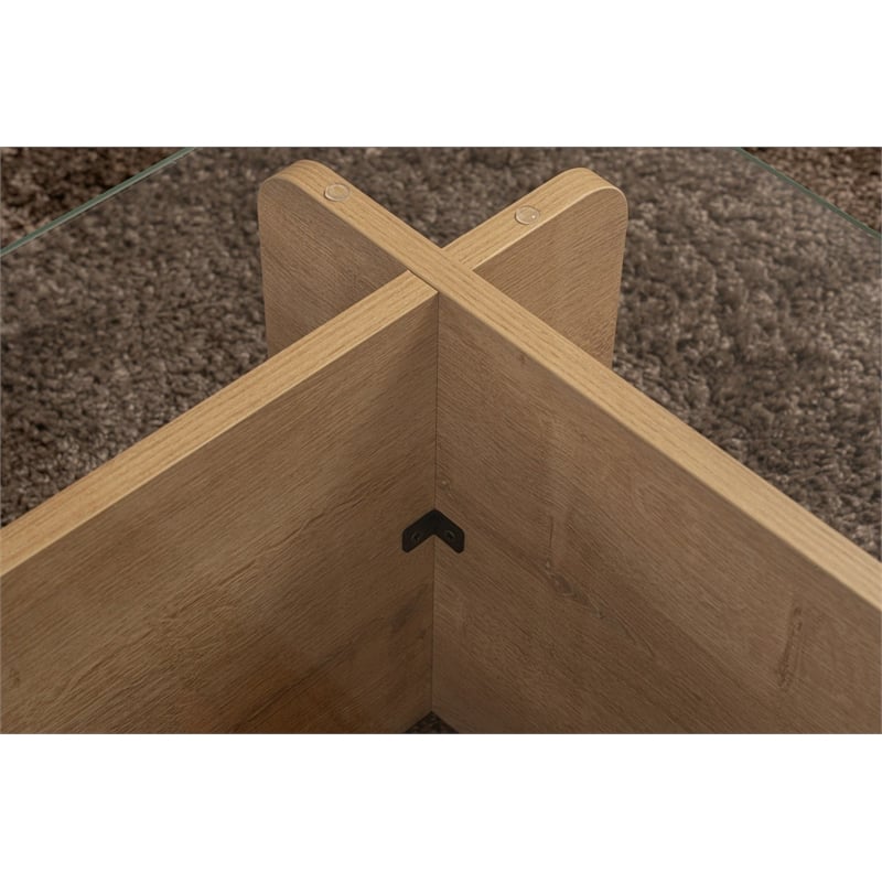 Pemberly Row Oak Coffee Table with Tempered Glass Top and Particle Board Frame