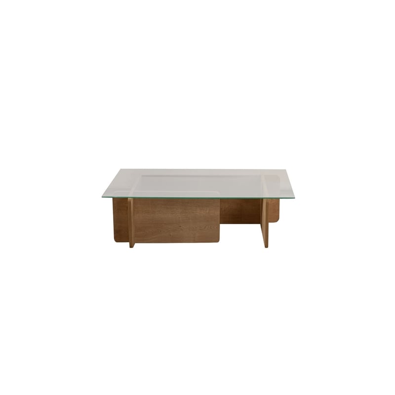 Pemberly Row Oak Coffee Table with Tempered Glass Top and Particle Board Frame
