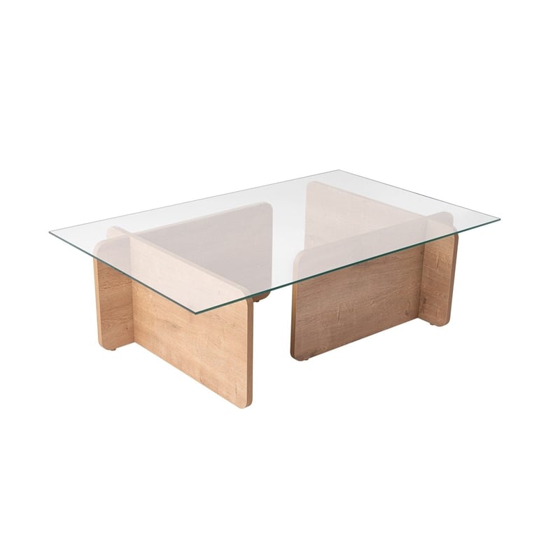 Pemberly Row Oak Coffee Table with Tempered Glass Top and Particle Board Frame