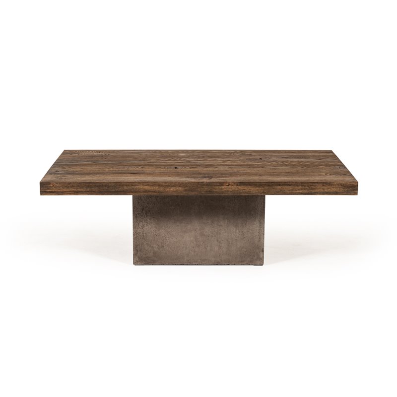 Pemberly Row Oak Wood Coffee Table with Concrete Base in Walnut Finish
